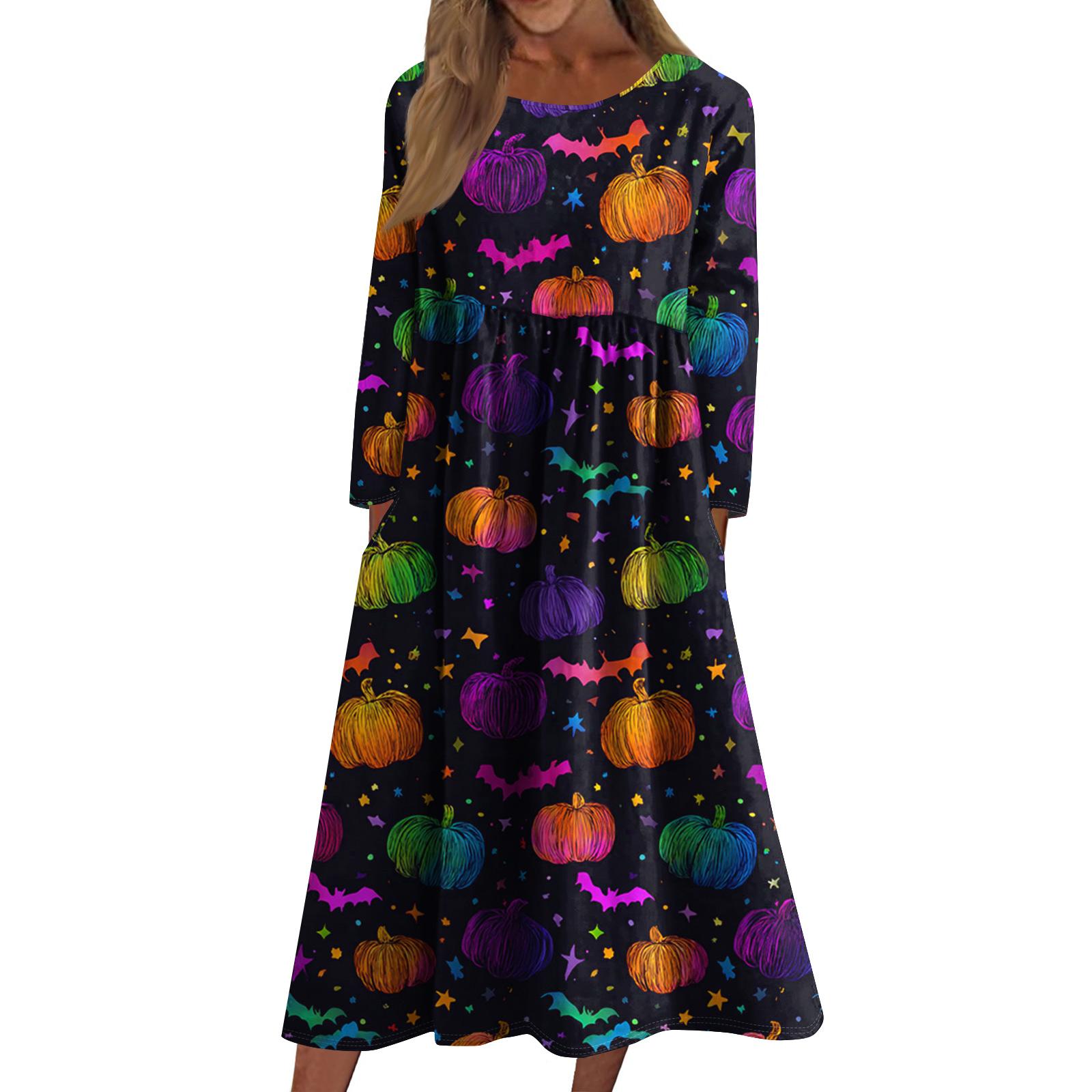 

Women s Casual Crew-neck Halloween Print Mid-length Dress Long-sleeved Dress With Pocket L