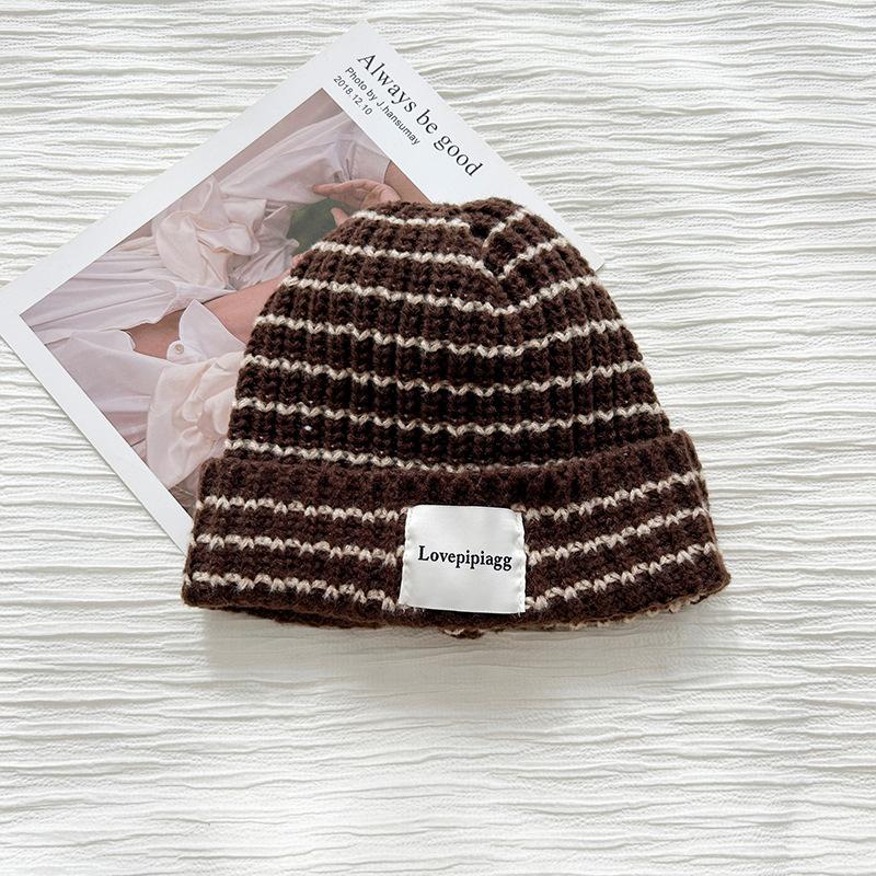 Hat women's autumn and winter retro striped wool hat, big head circumference, small face, warm ear protectors, knitted cold hat