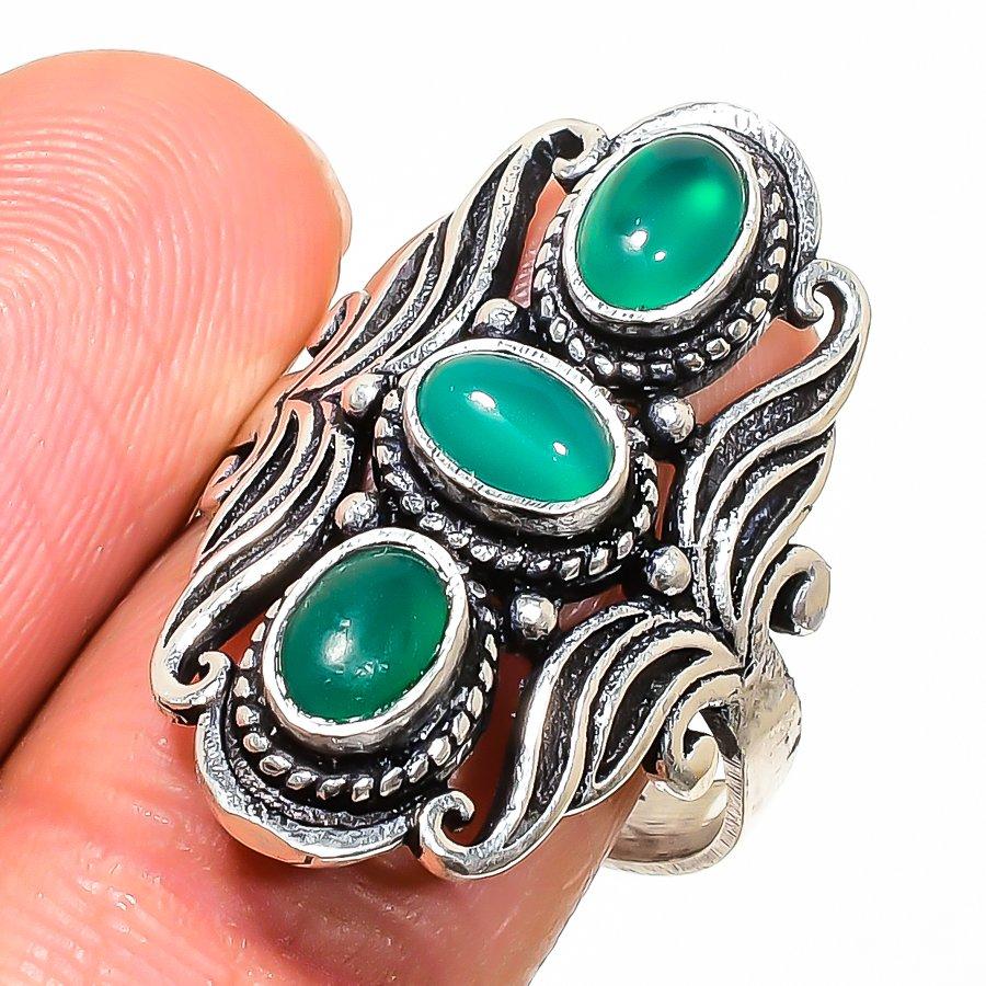 Natural Green Onyx Gemstone 925 Sterling Silver Jewelry Ring Size 9.5 AR-16748
