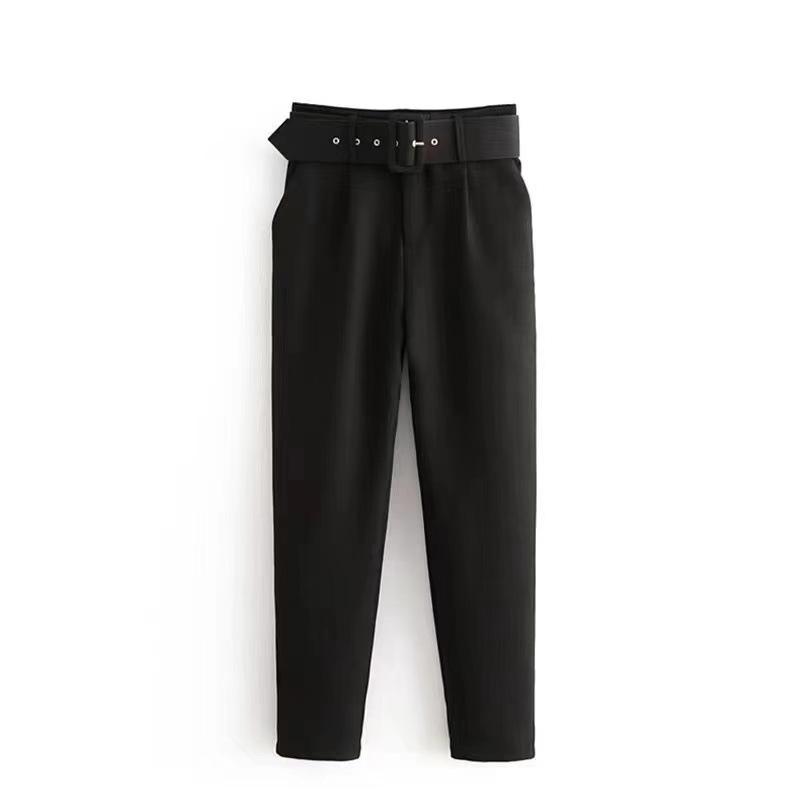 New Women's Casual Pants, Slim Fit Straight Leg Stretch Trousers with Belted Waist, Solid Color Office Wear Cropped Pants