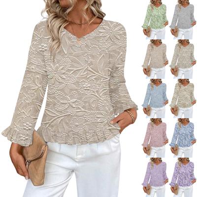 Women's Casual Fashion Ruffle V-Neck Pocket Print Long Sleeve Top