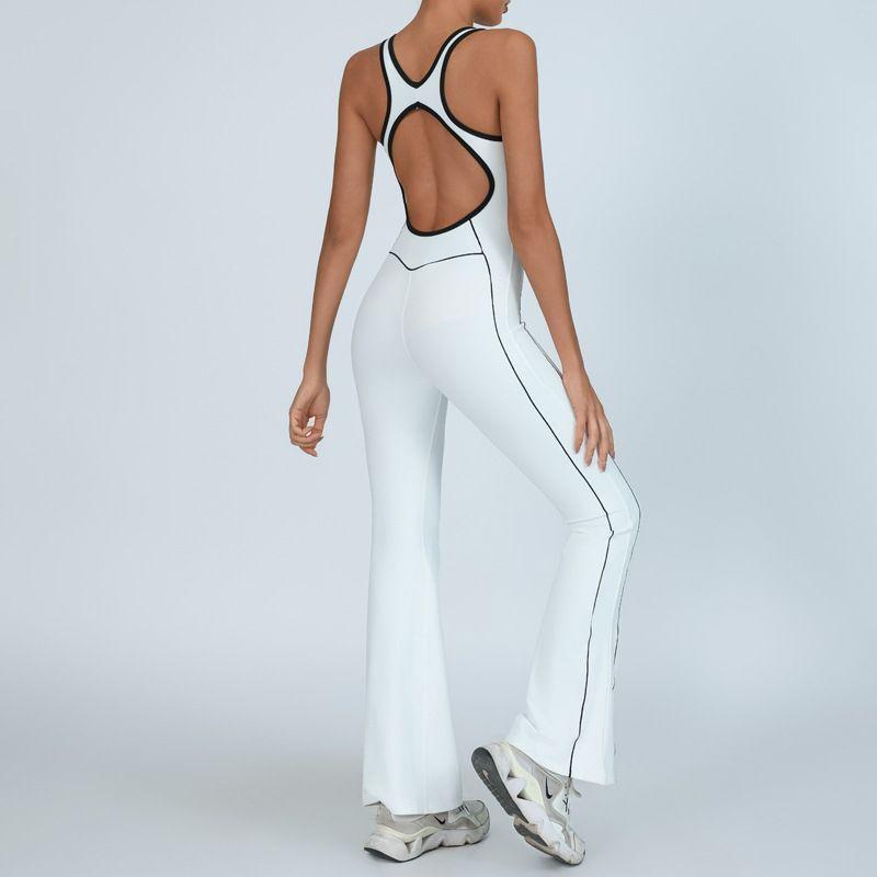 

Foreign Trade Spring and Summer Sports Yoga One-piece Women Beauty Back Color Matching Jumpsuit Nude Feel Sports Fitness Wide Leg Trumpet pants White L