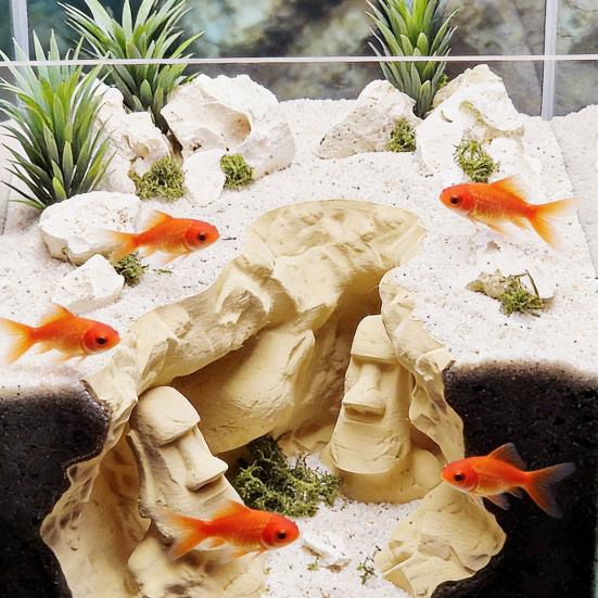Aquarium Cave Tunnel Easter Island Moai Statues Under Gravel Cave Small Fish And Shrimp Hideout with Viewing Ports for Betta Pleco Shrimp