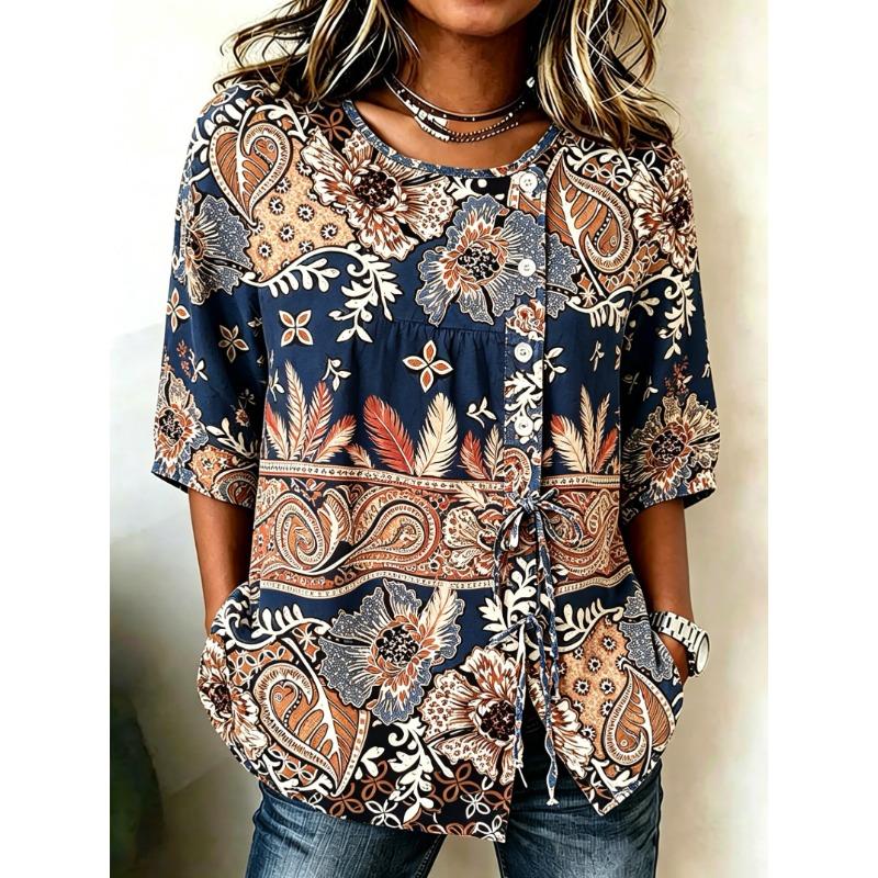 Women's Spring Summer Drawstring Blouse, Boho Paisley & Floral Patchwork Print Casual Tops for Daily Street Holiday Outfit