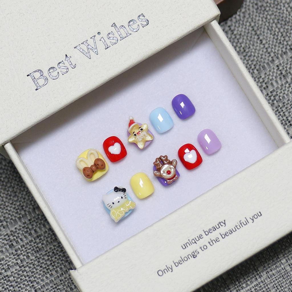 Kids Wearable Nails: Handmade Cute Cartoon Nail Art Stickers for Girls Ages 3-12 Fake Fingernails