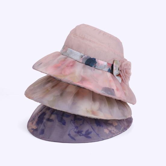 Women Sun Hat Mesh Yarn Wide Brim 3D Flower Decor Bucket Hat Outdoor UV Protection Beach Cycling Basin Hat