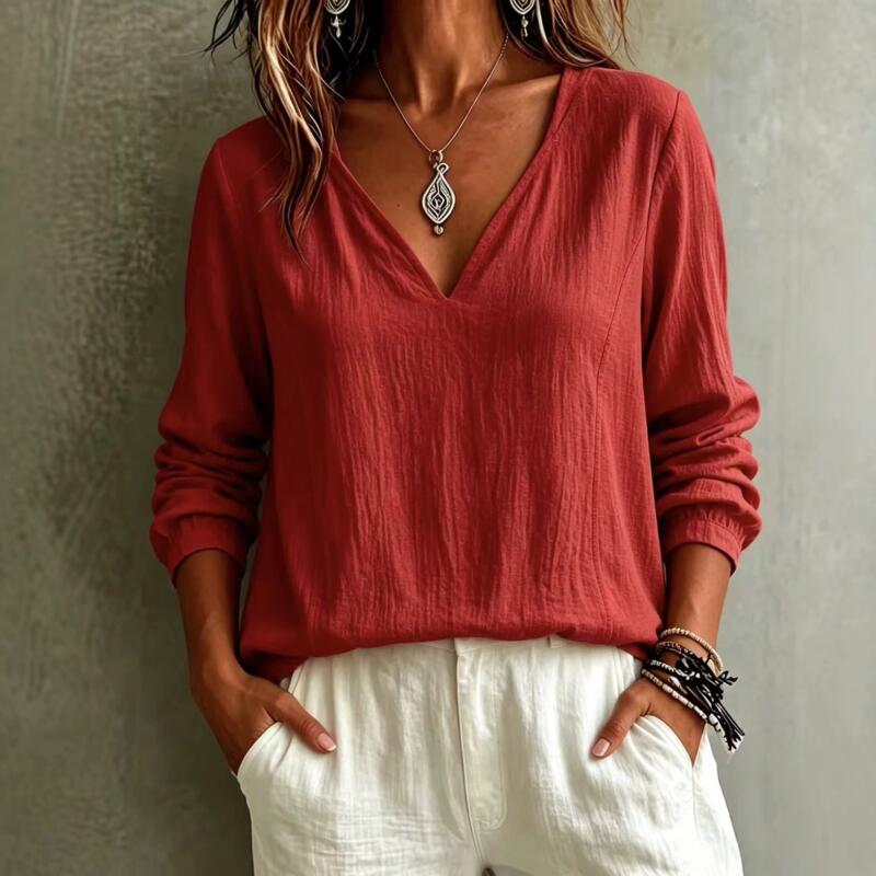 Summer Women Solid Color V-Neck Long Sleeve Shirts Vintage Crinkle Fabric Loose Fit Casual Blouse Tops
