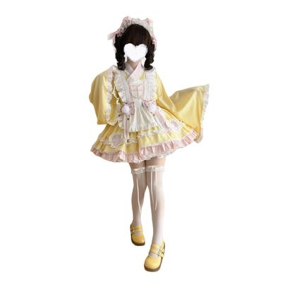 Toku und Yu Lolita Dienstmädchenkleid, Japanischer Stil, Kimono für Mädchen mit Haori, Palast-Stil Band und Quasten-Detail, Niedliche Rüschen, Karierte lange Ärmel, Mo