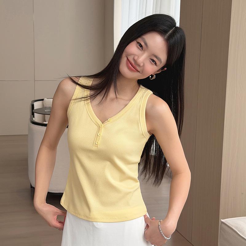 Lyocell Cotton V-neck Ribbed Women s Tank Top: Stretchy, Solid Color, Strappy, Buttoned Casual Fashion One Size