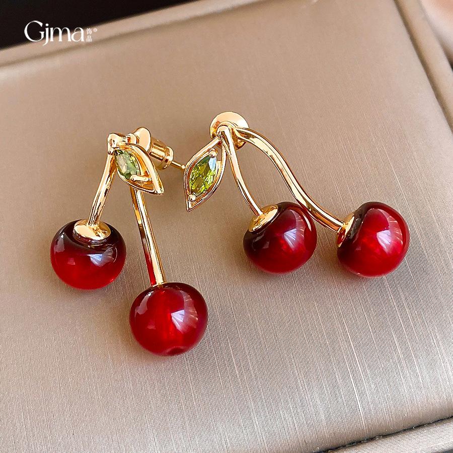 Boucles d'oreilles Puces Cerise en Résine Zirconium Frais Français Mode Polyvalentes Personnalité Boucles d'oreilles Femmes