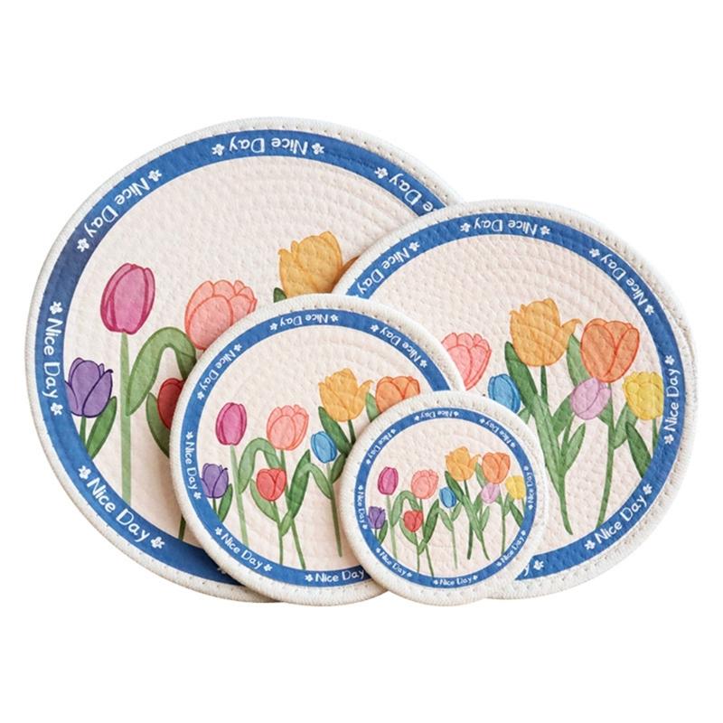 Tulips Flower Mats Cotton Rope Heat Insulated Placemats Party Essential Table Pad