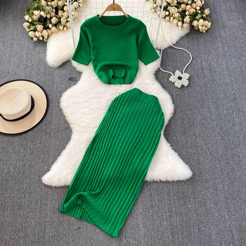 

K-style round Neck Knitwear Mid Length Long Length Fashion Suit Green One size