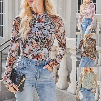 TK2025 Maglione a T-shirt da Donna Stile Caldo Scollo Alto Rete di Pizzo Floreale