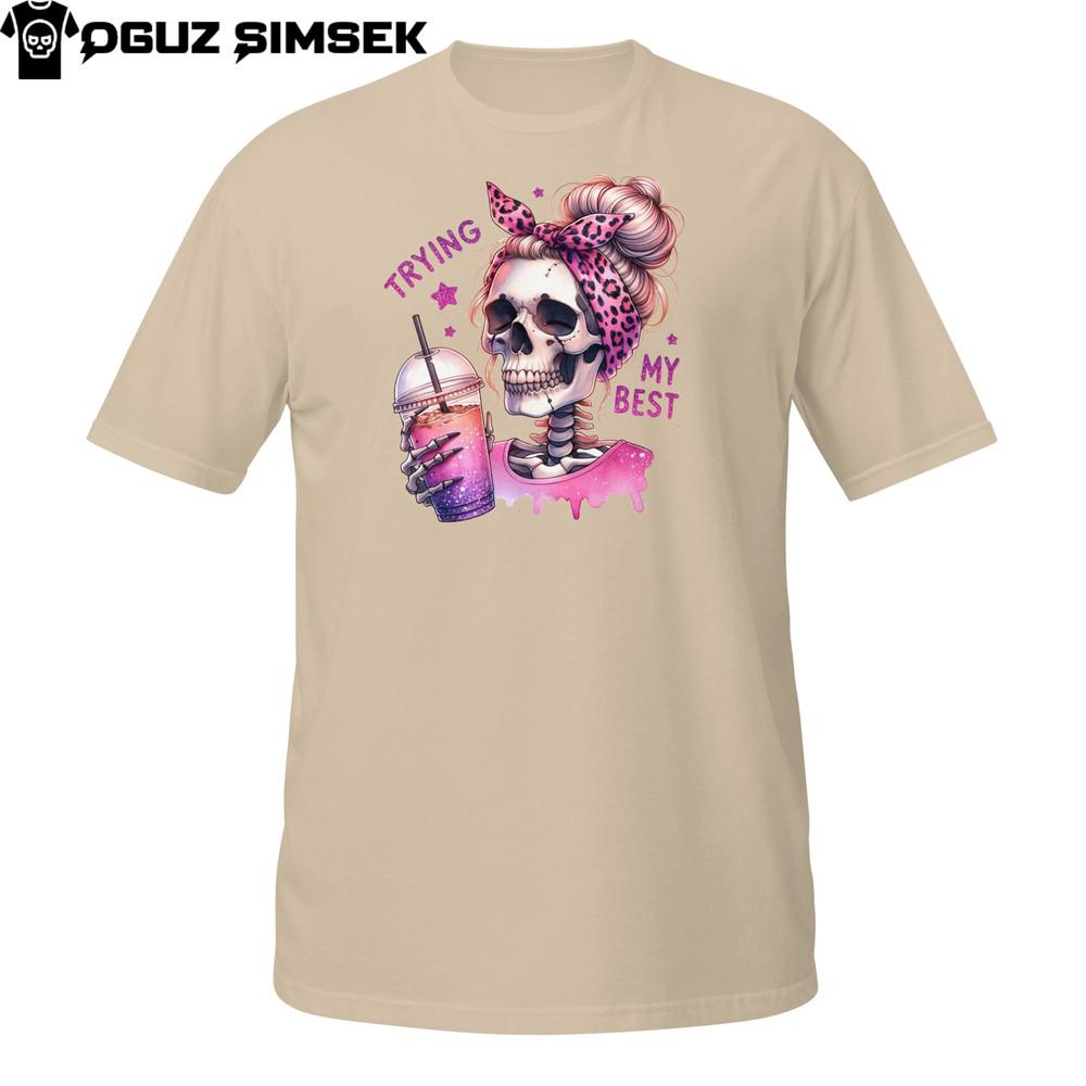 

Trying My Best Skeleton T-Shirt | Funny Cute Coffee Glam Skull Messy Bun Tee S