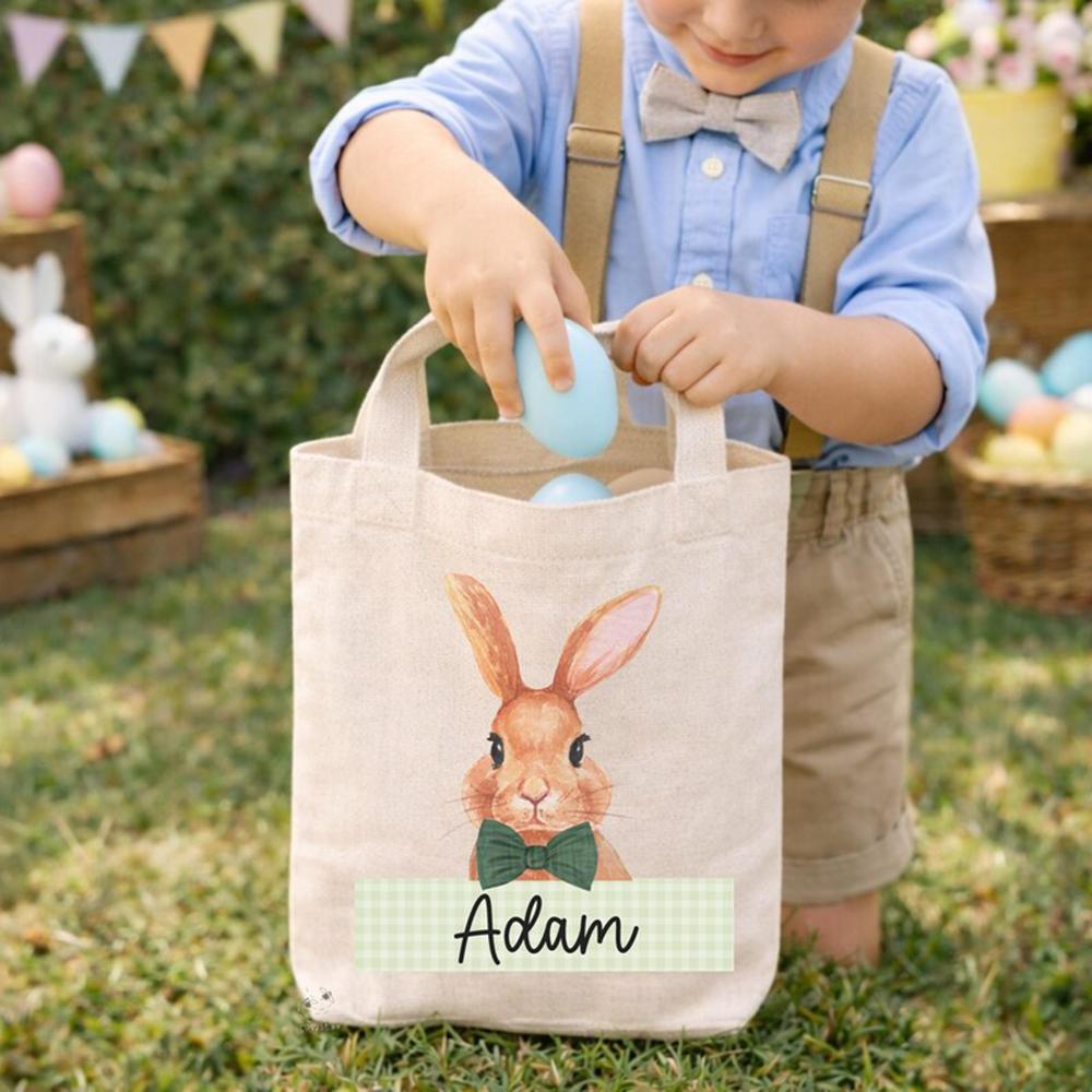 Custom Easter Bunny Bag With Name For Kids Egg Hunting Activities Reusable Goodie Bag Classroom Treat Bag Holiday Gift Basket