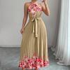 Europäische und amerikanische Damenbekleidung Sommer elegantes Nackenband Taille Blumenprint Falten langer Pendelkleid