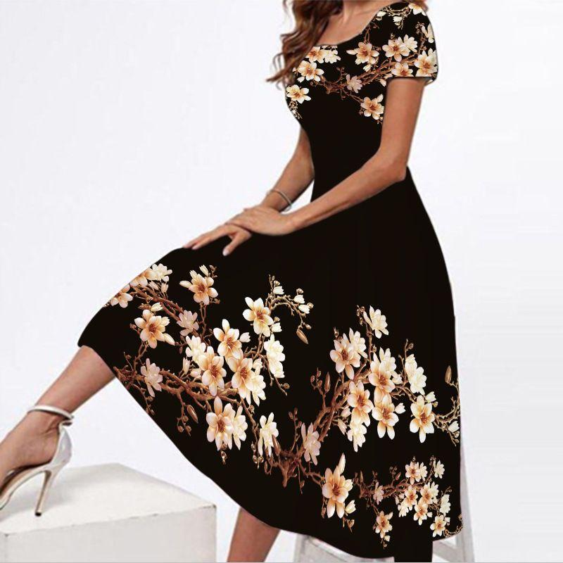 

Fashion Cross-Border Women s Clothing Chiffon Pullover Type a round Neck Short Sleeve Dress Positioning Printed Large Flower Swing Mid-Length Dress 8131-65 3XL