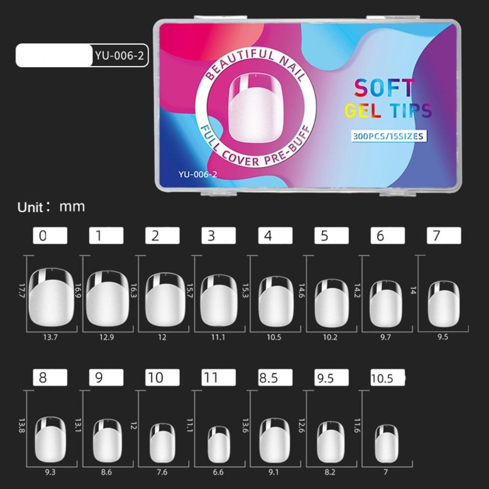 300pcs Short Almond Shape Soft Gel Nail Tips Semi Frosted Seamless Full Cover Nail Tips Clear 15 Sizes False Nail Tips Nail Art