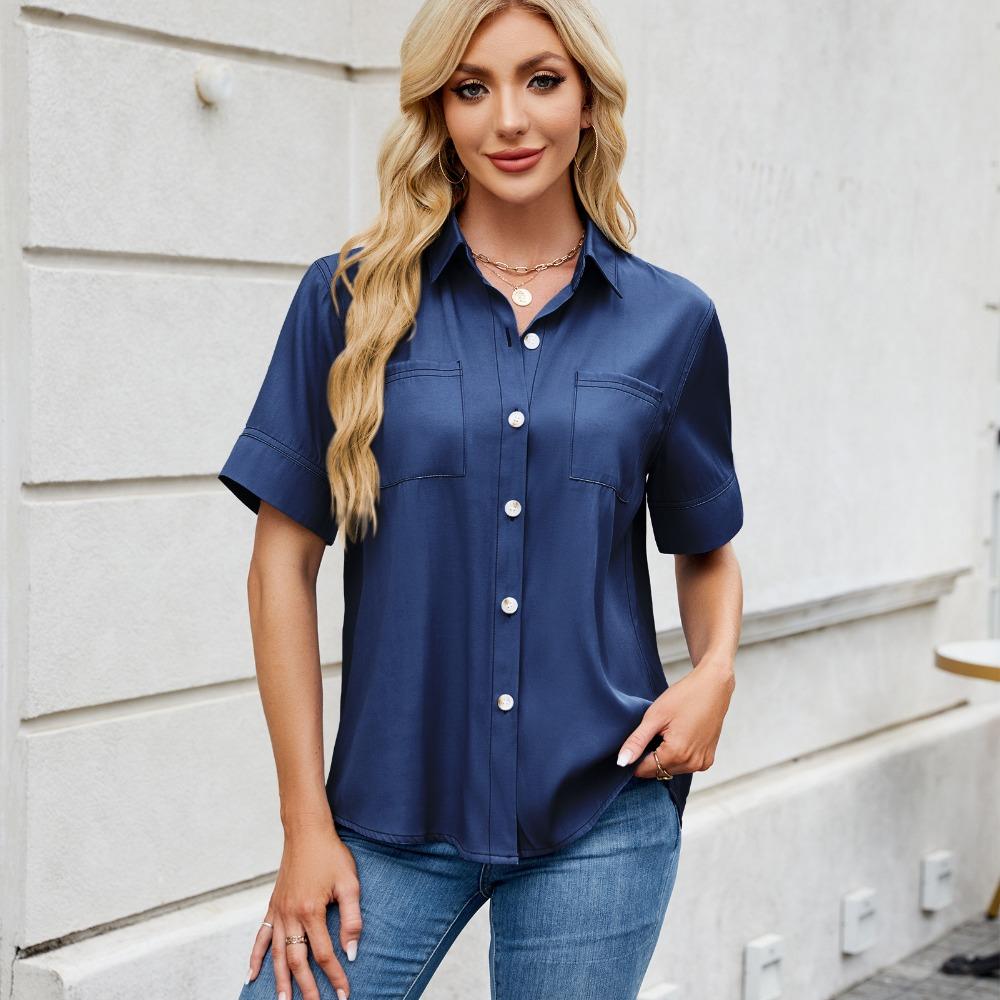 Women's Short-sleeved T-shirt Spring and Summer New Shirt Row Buckle Imitation Denim Short-sleeved Loose Shirt