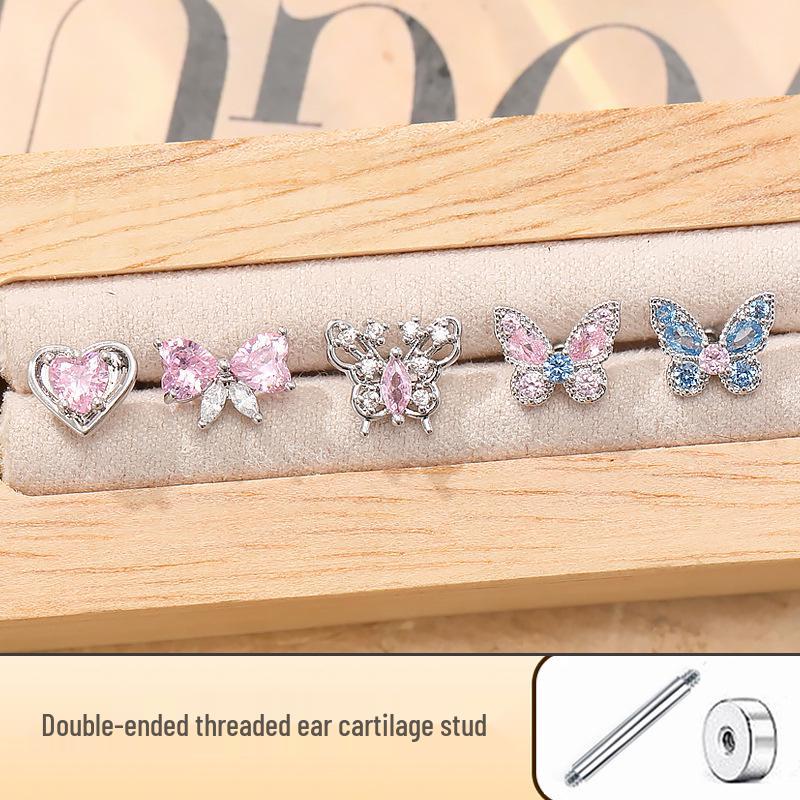 Pink Sweet Butterfly Zirconia Titanium Steel Ear Cartilage Studs for Women - Versatile, High-End Double Spiral Screw Design.