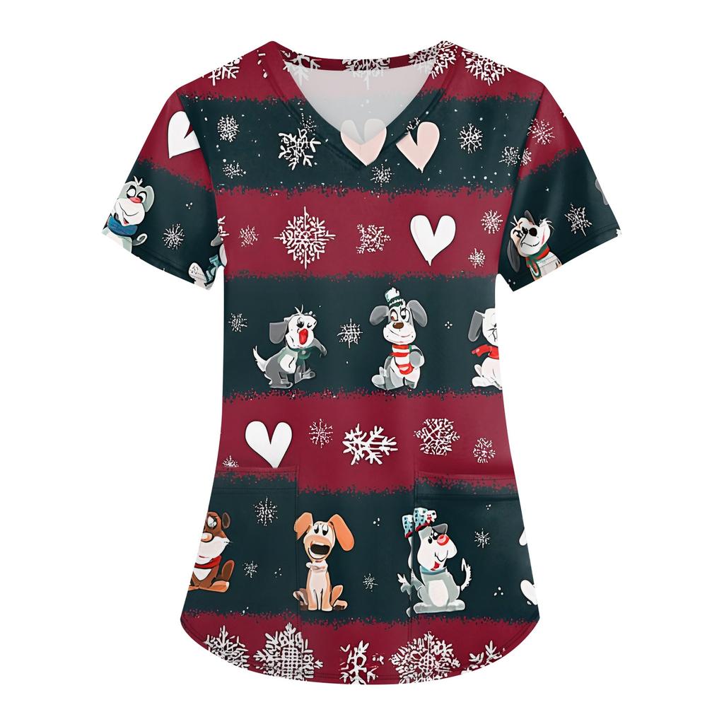 Dámské módní pracovní oděvy s krátkým rukávem a výstřihem do V s kapsami Vánoční topy s potiskem