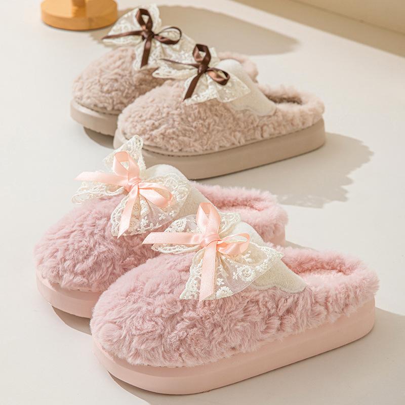 Neue Winter-Baumwollpantoffeln für Damen, Heimtextilien, Schmetterlingsknoten, warme Plüsch-Sandalen für Damen