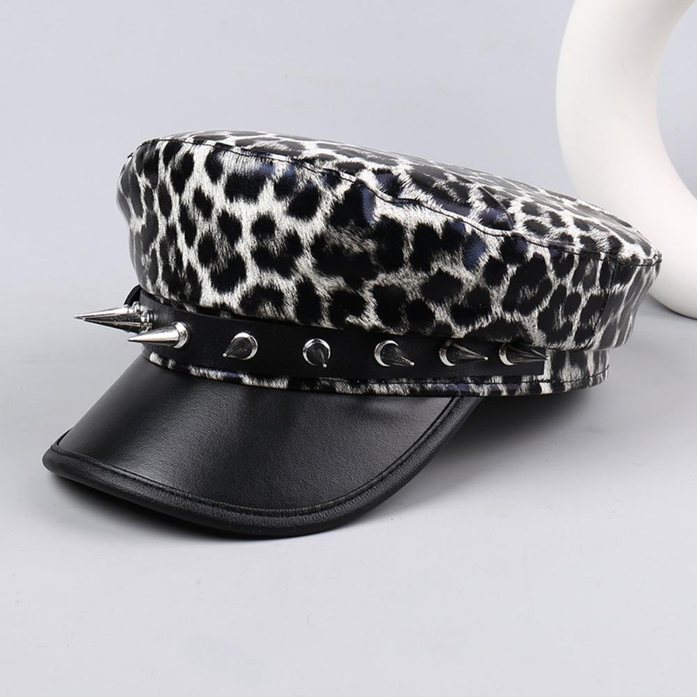 Spider Hoop Riveted Flat Top Cap Spice Girl Style PU Leather Captain Caps New Newsboy Hat