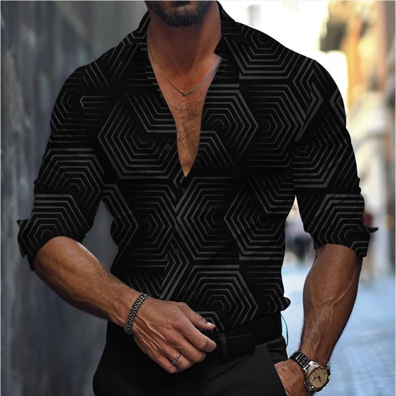 New Business Casual Men's Line 3D Printed Shirt Formal Spring and Summer Lapel Long-sleeved XS-5XL Stretch Fabric Shirt 2026