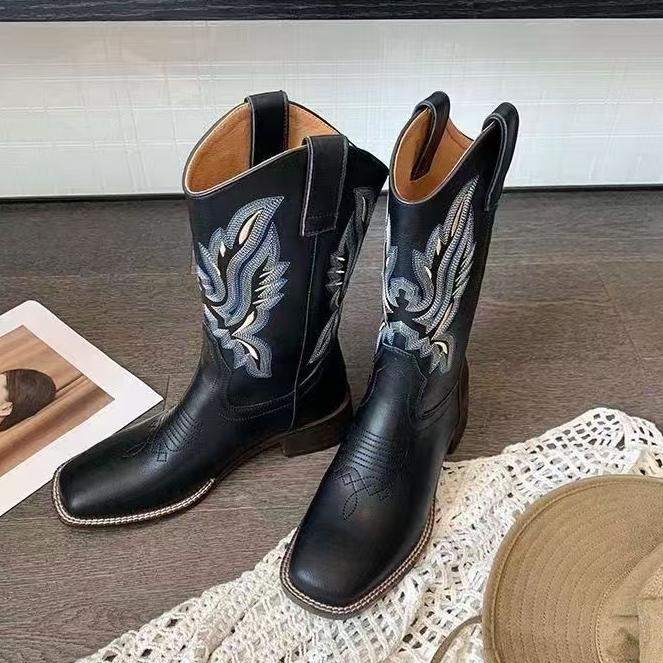 Winter Vintage Brown Women Boots Cowboy Boots Women 2025 Embroidered Square Toe Brown Long Boots Chunky Mid Calf Women Shoes