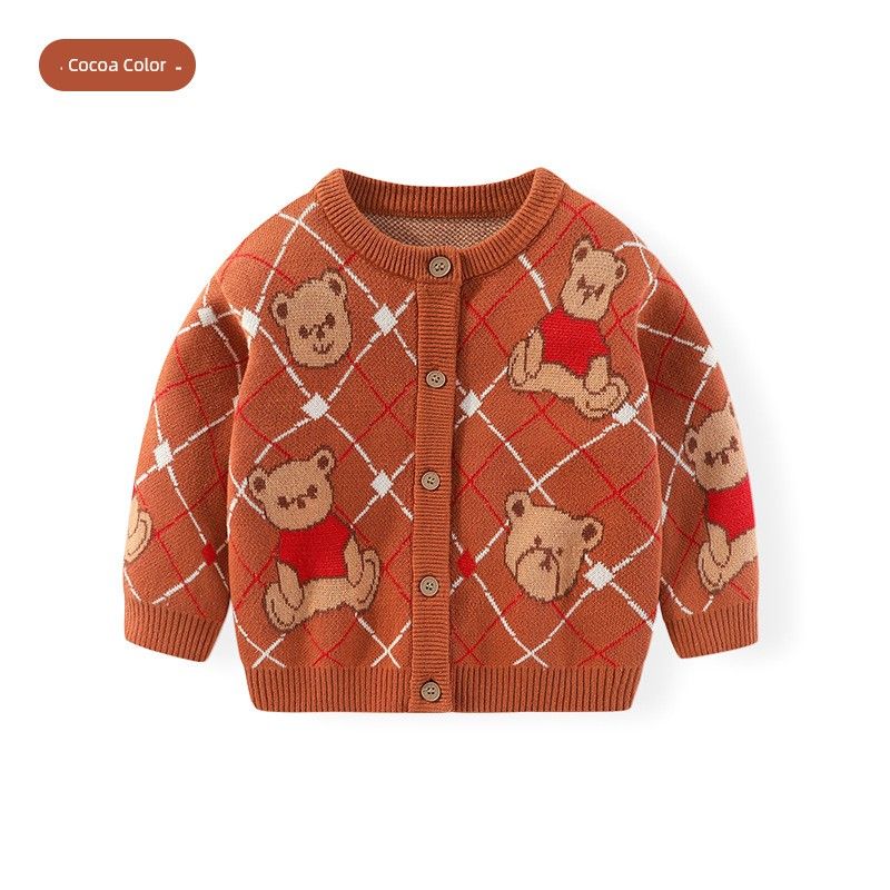 Autumn and Winter Kidsren's Bear Jacquard Cardigan Knitwear for Boys and Girls Plaid Knitwear Baby Round Neck Knitwear Jacket