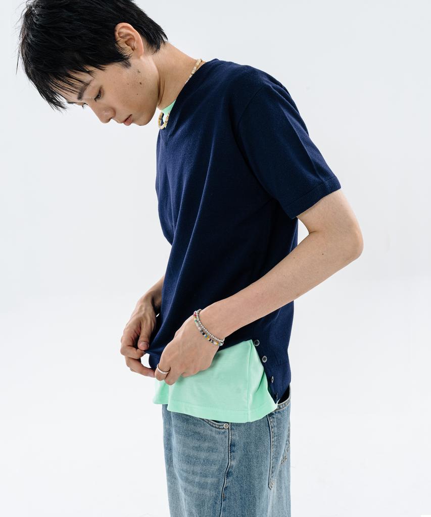 BASEMOMENT Side Slit V-Neck Half Knit Navy