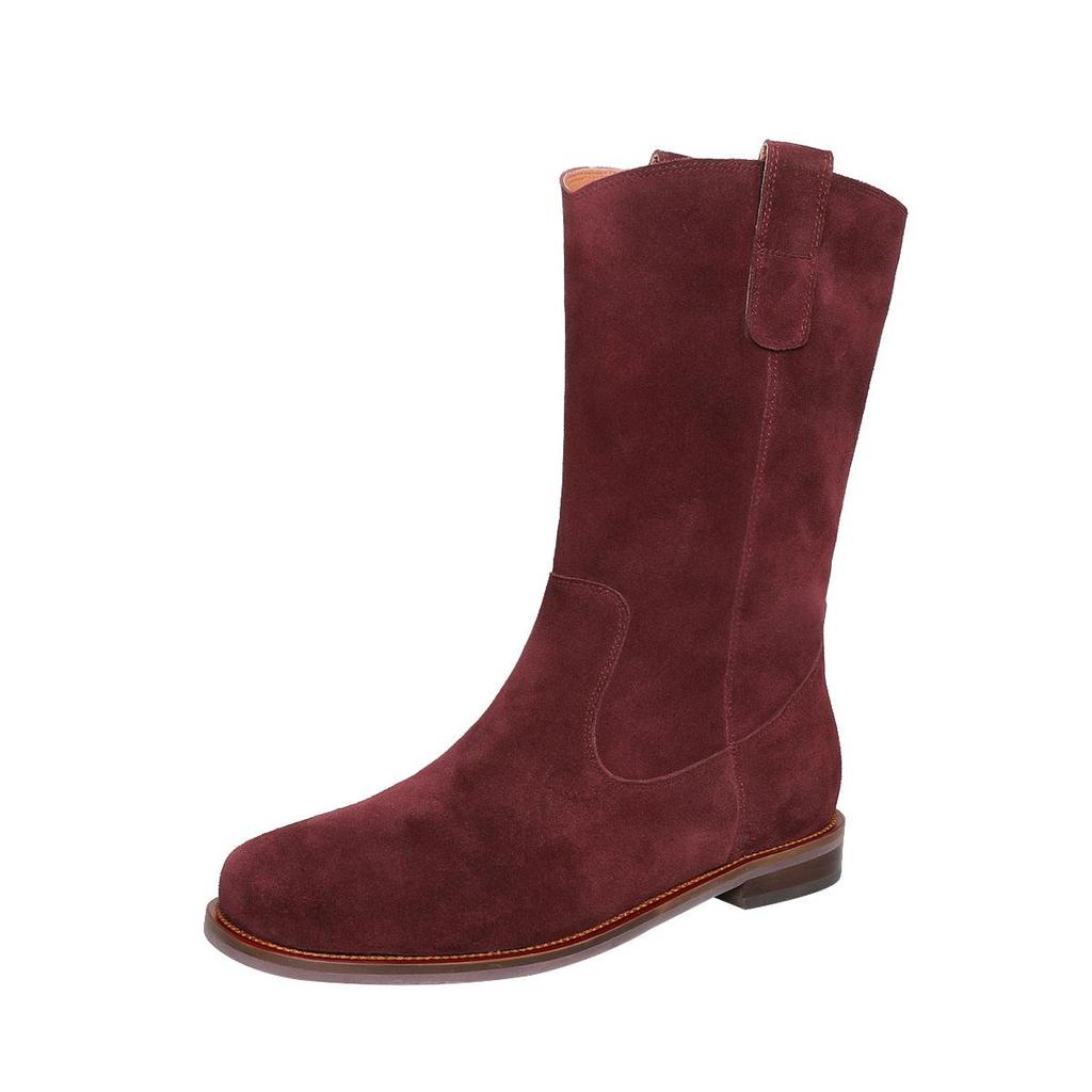 Krazing Pot Chaussures en daim de vache pour femme, bottes mi-mollet à bout rond et talons bas épais, collection automne-hiver