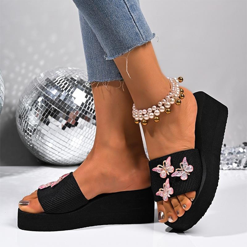Butterfly Metal Decor Wedges Sandals  Women Thick Sole Non Slip Casual Slippers Woman Summer Plus Size Chunky Platform Slippers