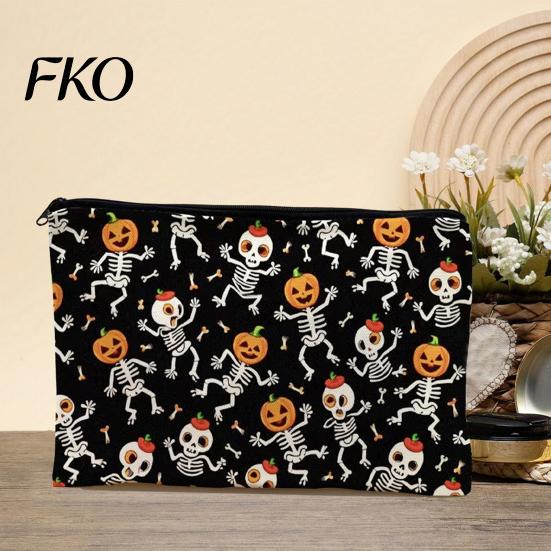 Halloween Storage Bag Bag, Large Capacity Cosmetic with Pumpkin Black Zipper Pouch Castle Skull Print, Smooth Thickened Canvas Toiletry Student School
