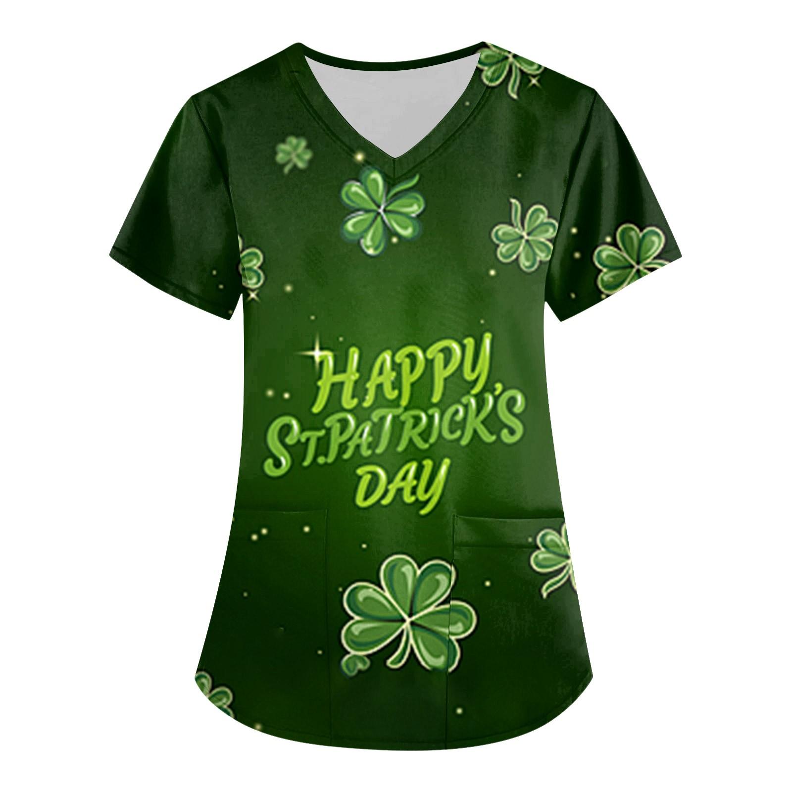 

Женская модная рабочая одежда с v-образным вырезом, короткими рукавами и карманами St. Топы с принтом ко Дню Святого Патрика L