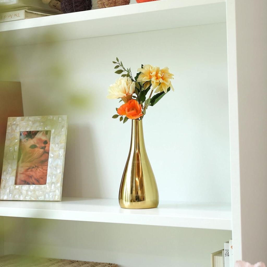 Golden Metal Flower Vase for Home Décor | Table Top Decorative Teardrop Vase for Living Room, Office & Bedroom