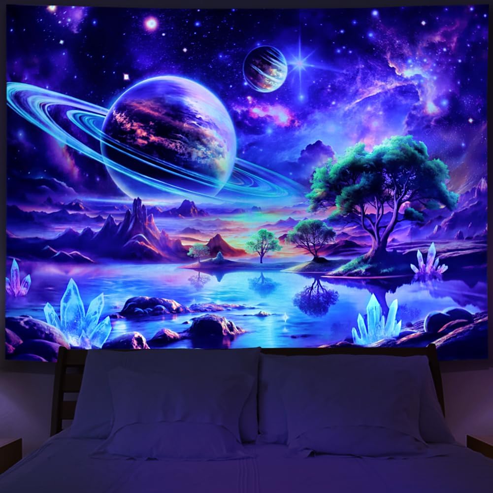 Blacklight Galaxy Space Tapestry UV Reactive Planet Wall Hanging Magical Trees Tapestries Cosmic Mountain Landscape Wall Decor Aesthetic Starry Night