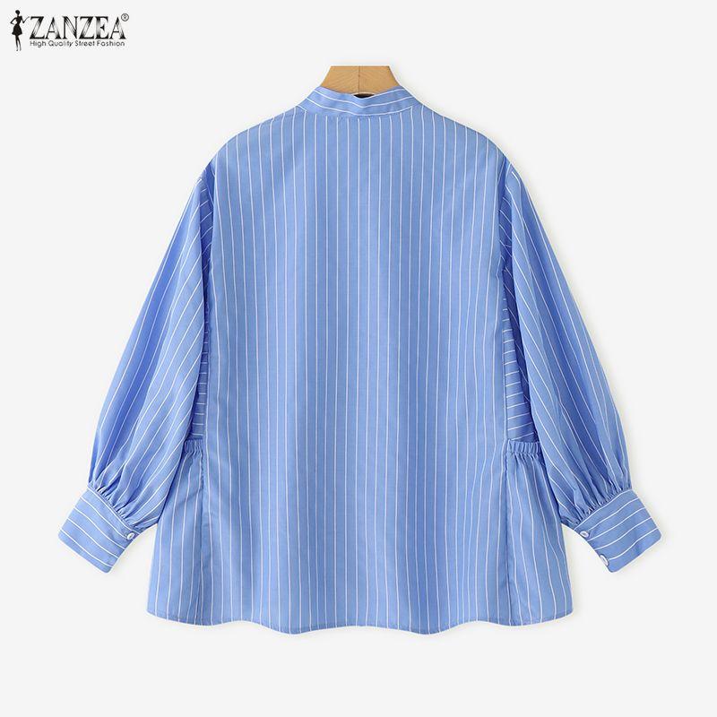ZANZEA Women Casual Stand Collar Loose Long Sleeve Stripe Blouse