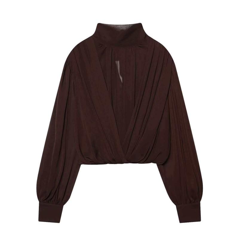 Womens Elegant Sheer Bow Collar Lantern Sleeve Blouse Classic Solid Color Office Wear