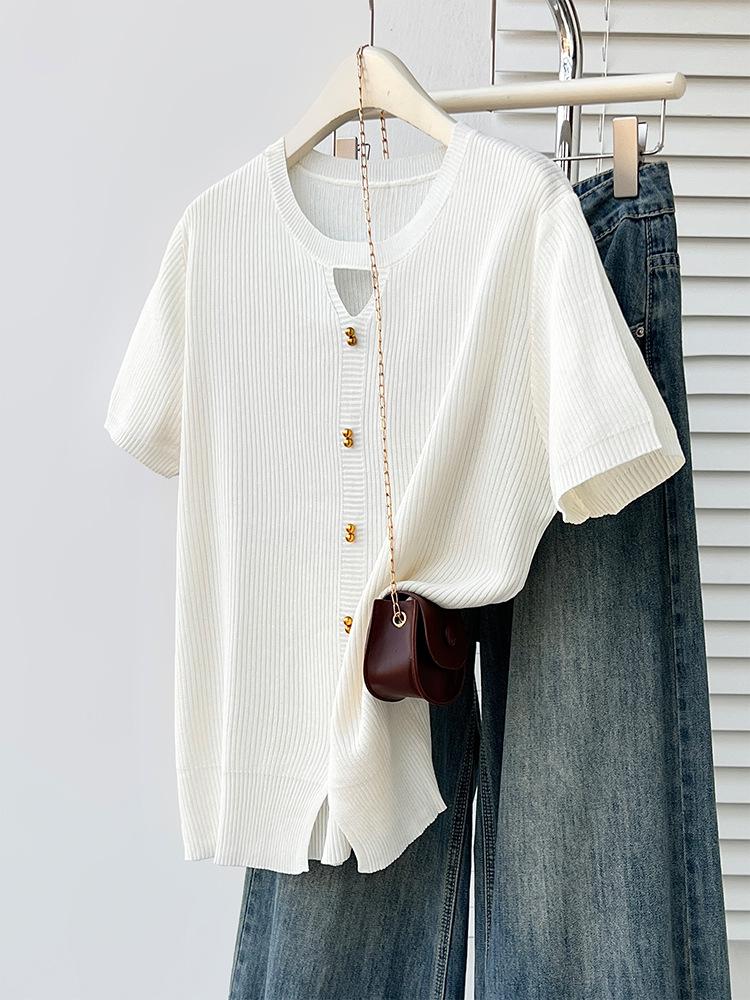 2026 Summer Plus Size Women s Round Neck Ice Silk Knit Top 3XL (165-200 lbs)
