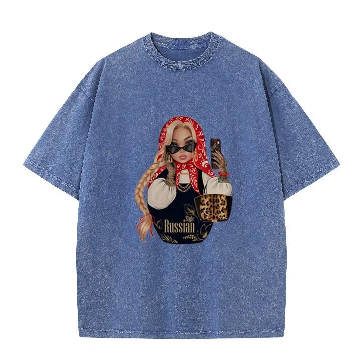 Fashion Russian Style Babushka Doll Print T-shirt Vintage Washed Casual Loose Short Sleeve Streetwear Tops