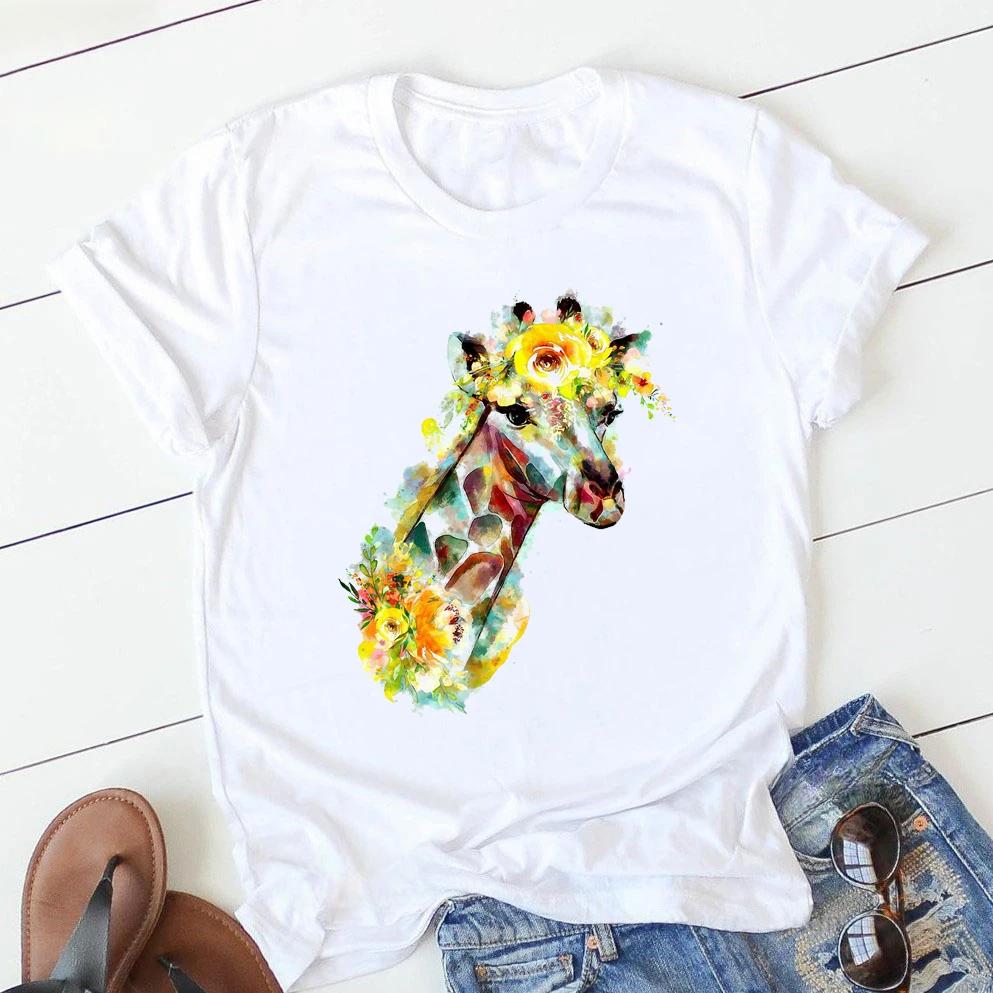 Buntes Löwe/Giraffe/Zebra/Katze/Vogel/Kuh Blumen 3D-Druck T-Shirt Damen Sommer Mode Oberteile T-Shirt