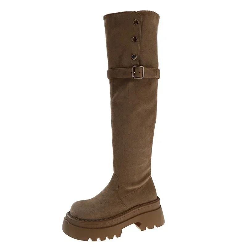 Women's Knight Boots New Platform Strap Buckle Women's Boots High Thick Heels Round Head Long Boots Over-the-Knee