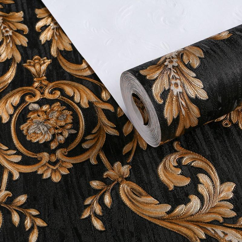 European Luxury Black Gold Damask Wallpaper Roll 3D Embossed Pvc Wallcovering Mural Decor Wallpapers for Living Room Bed Room