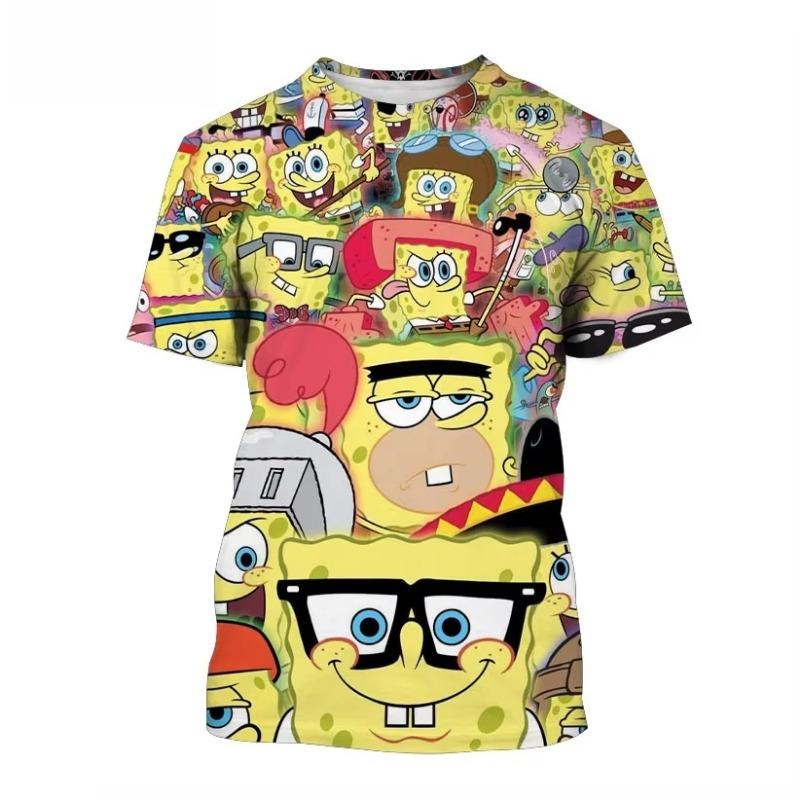 Camiseta Redonda Estampada de Bob Esponja Nueva de Verano para Exteriores Hip Hop Ocio Fitness Estilo Callejero