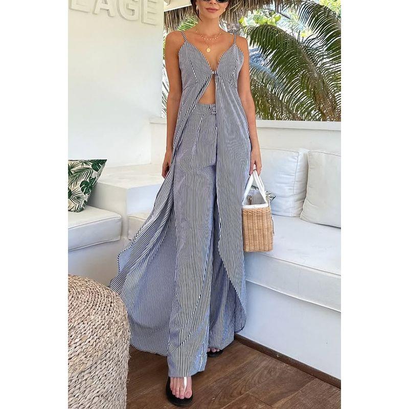 

Vertical Stripes Slimming Contrast Color V-neck Sleeve Basic Casual Lazy Loose Straight Sling Jumpsuit Trousers Women Two-piece set XL
