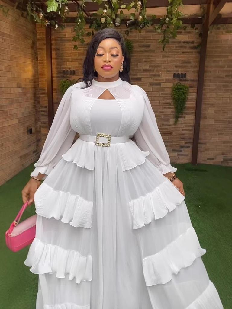 Plus Size Elegant Pleated Dress with Rhinestone Belt and Ruffled Layers for Formal Events