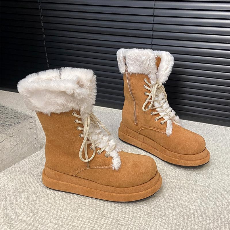 Women Fur Snow Boots Flats Platform Warm Cottom Shoes Winter Trend Sneaker Casual Running Shoes Lace Up Chelsea Boots Mujer