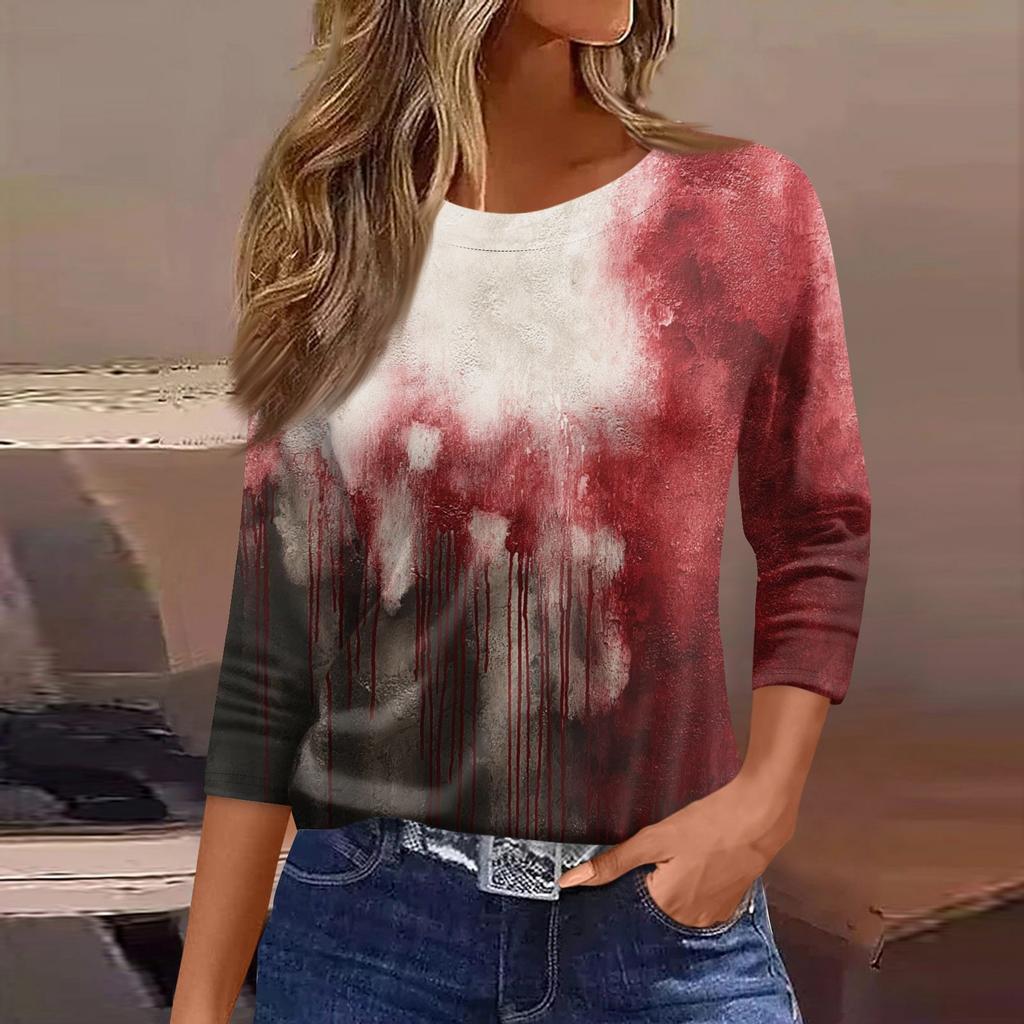 Dame Mote Casual Trekvartsermet Halloween Trykket Rund Hals Topp