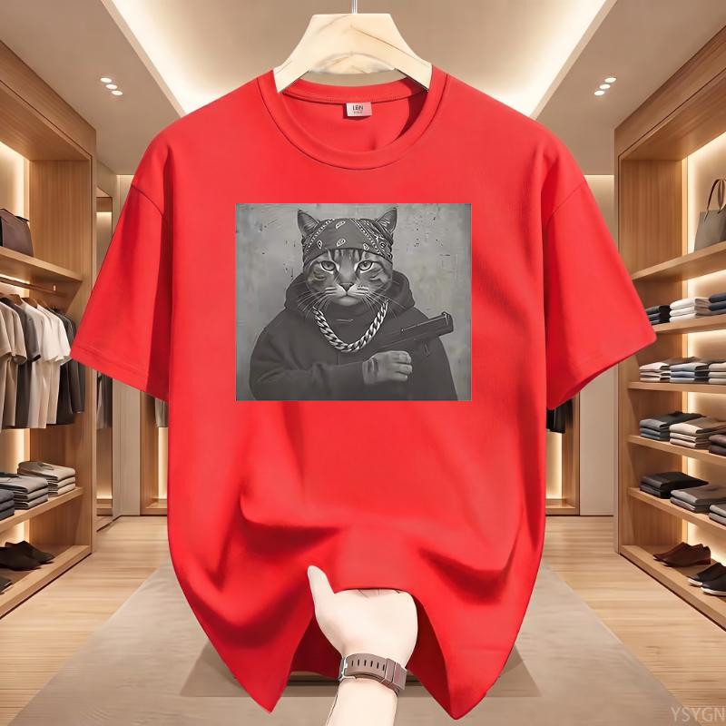 Funny Cat Graphic Print T Shirt Gang Cat Cool Hip Hop Short Sleeve T-shirts Men's Vintage Oversized Cotton T-shirt